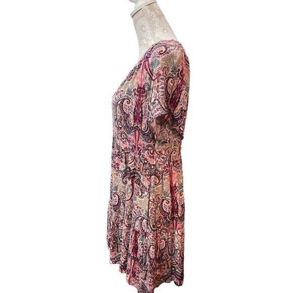 NWOT KNOX ROSE Flutter Short Sleeve Tiered Dress Crinkle Scroll Print Medium - Picture 4 of 10